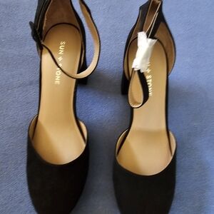 New Sun + Stone Black Suede Ankle-Strap Block Heels
